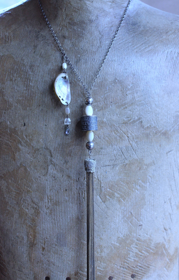 NEW! The Cure for Anything Necklace with Rare Anne Choi Sterling Bead, Multi Chain Tassel, Faceted White Topaz Tear Drop & Tiny Abalone Shell