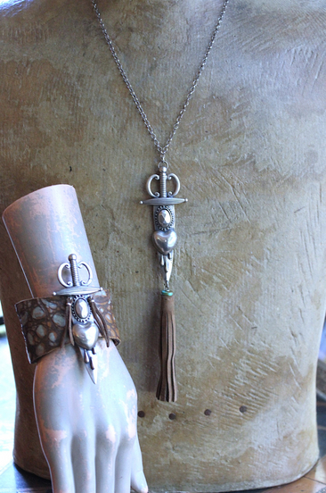 NEW! The Light Necklace & Cuff Bracelet Set with Sterling Belcher Chain, Unique Leather Cuff & Tassel, Two Wounded Heart Medals