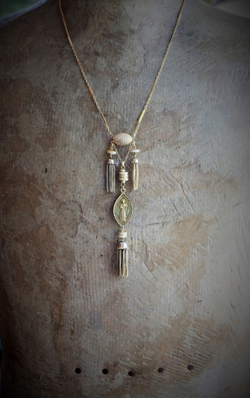 The Renewal Necklace w/Rare Antique Gilt St. Anthony Medal,Pave Diamond Findings,Antique Foxtail Chain Tassels,Unique Goldfill Chain,14K Gold Clasp