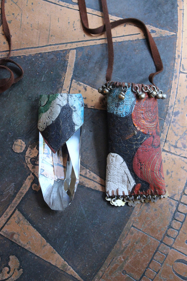 NEW! Asymmetrical Hand Painted Clouds Thangka Pouch with Far Infrared Light Healing Tower, Antique Cloud Shaped Drops & Tiny Orbs