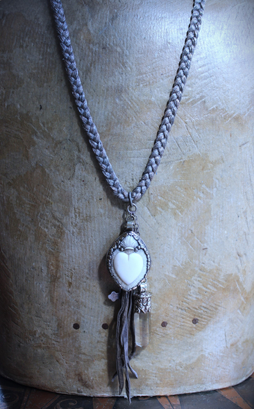 NEW! Antique French Braided Metal Thread Trim Necklace w/Silver Repousse Carved Bone Flaming Sacred Heart, Engraved Nun's Cross, Water Clear AAA Light Citrine Point