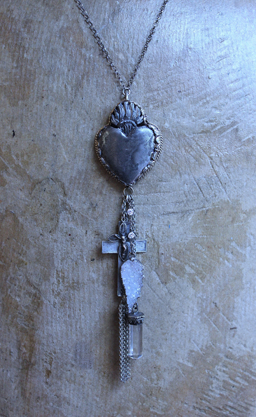 NEW! Unique Flaming Sacred Heart Pendant Necklace with Sterling Belcher Chain,Tiny Sterling Crucifix,Sterling Capped Clear Quartz Point & More!