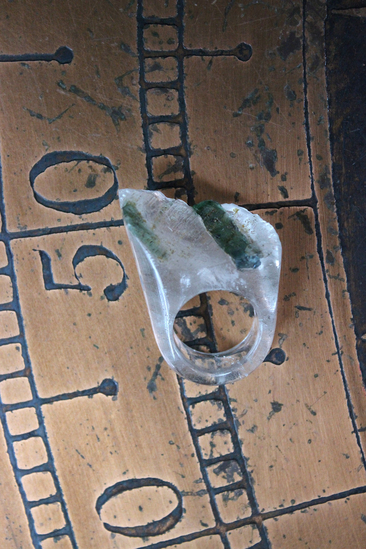 NEW! Rare Antique Clear Rock Quartz and Green Barrel Tourmaline Ring - size 8