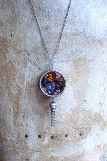 NEW! Rare Gem Collection Necklace with 9 Faceted Gemstones,Antique Pocket Watch Case, Sterling Belcher Chain and Sterling Tassel