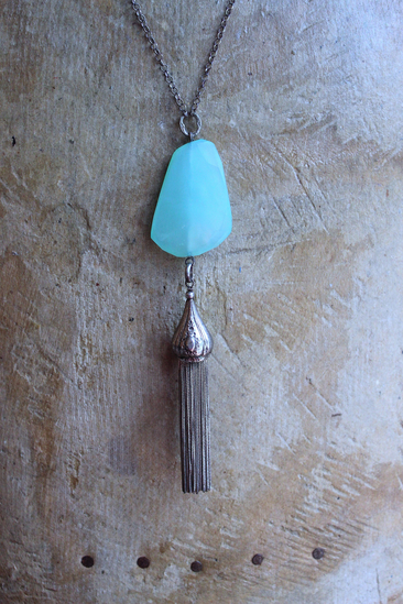 NEW! Checkerboard Faceted Peruvian Opal Pendant Necklace with Unusual Silver Tassel & Belcher Chain