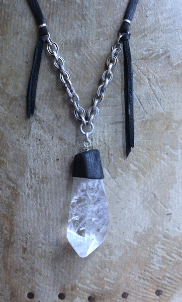 NEW! Amazing Free Form Clear Ghost Quartz Pendant Necklace with Embossed Silver Chain, Premium Black Suede Leather Cap & Ties