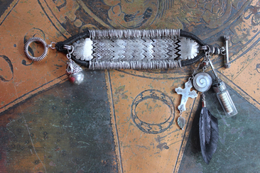 NEW! How to Fly Bracelet with Old Sterling Cuff, Sterling Cross, Raven Wing,Glass Quote Vessel & Sterling Capped Bead