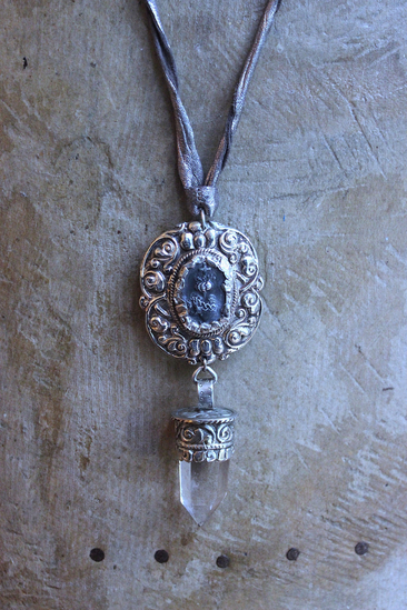 NEW! Unique Flaming Sacred Heart & Clear Rock Quartz Point Necklace with Silver Distressed Leather Ties