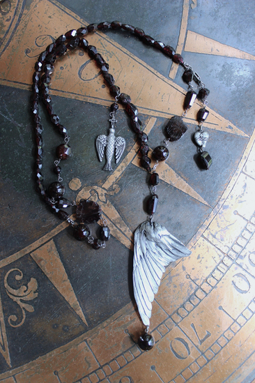 NEW! The Winds of your Soul Necklace with Amazing Faceted Almandine Garnet, Cast Bird Wing, Holy Spirit Dove & Puffy Heart Medal
