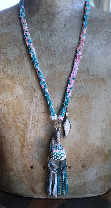 NEW! Braided Kantha Necklace w/Clear Rock Quartz Free Form Point, Unique Silver Connector, Carved Angel Wing & Kantha Tassel