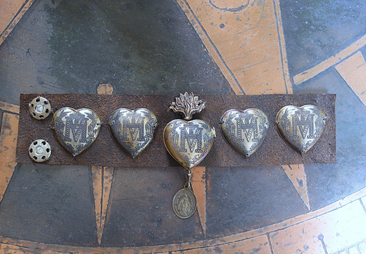 NEW! Vintage Ex Voto Cuff Bracelet with Flaming Sacred Heart Ex Voto Locket, Antique French Mother Mary Medal, 4 Ex Voto Hearts