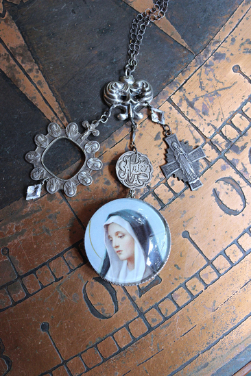 NEW! You Called me Mother Necklace w/Antique Holy Card Glass Pendant,Rare Sterling Antique Thumb Rosary, Rare Antique French Mary Medal & More!