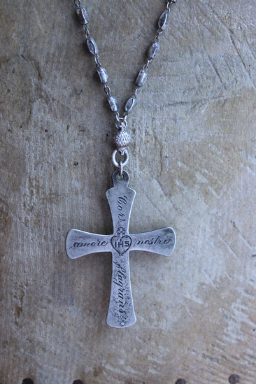 NEW! Rare Engraved Sterling Cross with Antique Sterling Sacred Heart Bead Rosary Chain