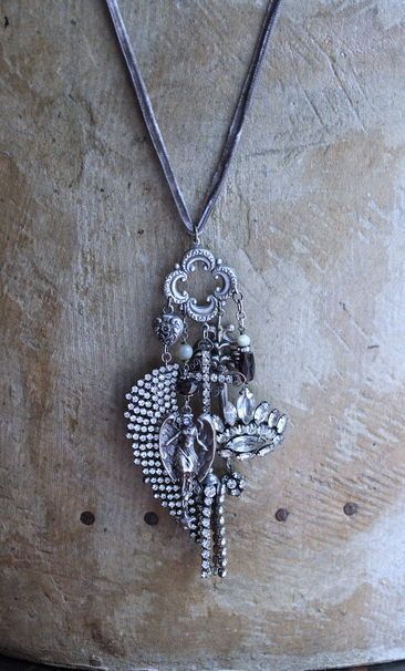 NEW! He will Cover you with His Wings Necklace with Sterling Angel,Rhinestone Wing,Eye of God Rhinestone Finding, Garnets, Antique Velvet Chain & More!