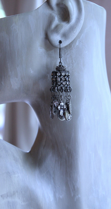 NEW! Asymmetrical Earrings with Small Antique French Medals,Sterling Cross,Antique Rhinestone Finding & Sterling Earring Wires
