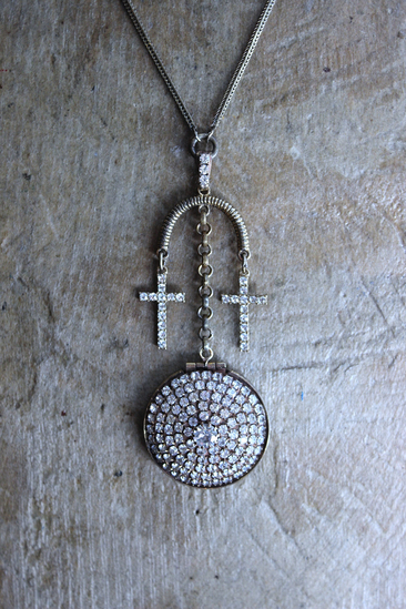 NEW! You are Here Necklace with Quality Vintage Prong Set Rhinestone Locket,Antique Foxtail Chain,2 Vintage Prong Set Rhinestone Crosses