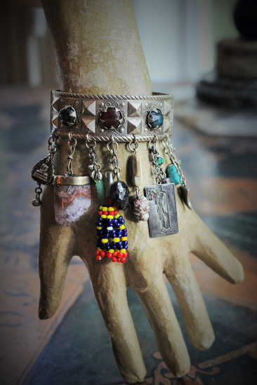 SOLD to M  Meditation & Fulfillment Gypsy Cuff Bracelet w/Sterling Engraved Tarot Medals,Beaded Banjara Tassels,Polished Garnet,Silver Capped Quartz Point & Much More!