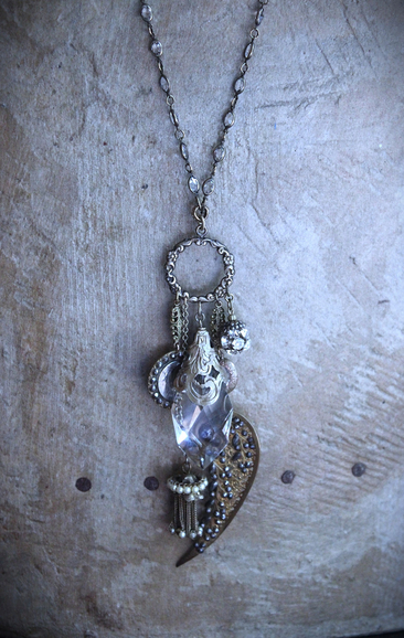 NEW! Stardust Soul Necklace w/Unique Capped Faceted Crystal,Antique Cut Steel & Gold Angel Wing,Antique Cut Steel Moon & Star Drop & More!