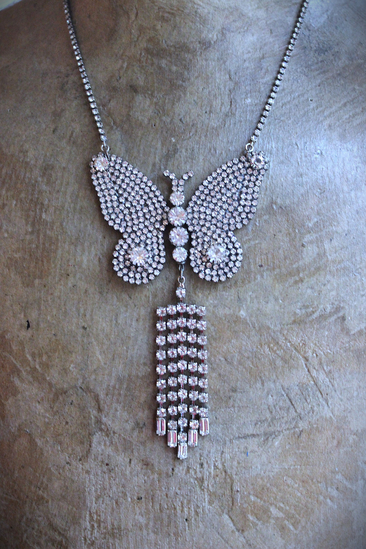 NEW! Learn to Fly Necklace with Antique 1920's Prong Set Rhinestone Butterfly, Tassel and Chain