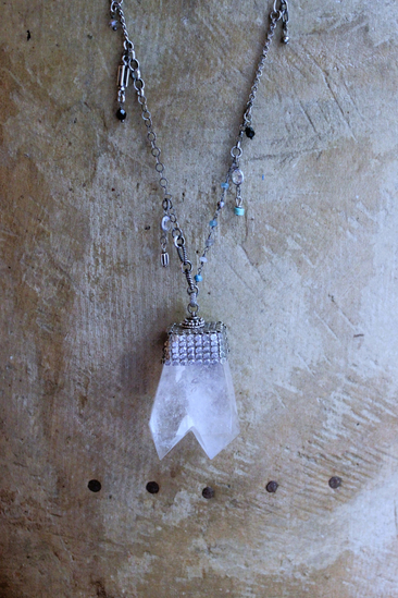 NEW! Single Soul Necklace with Amazing & Rare Double Point Clear Rock Quartz Pendant w/Sterling Mesh Cap,Sterling Chain Fragment Chain, Multiple Drops