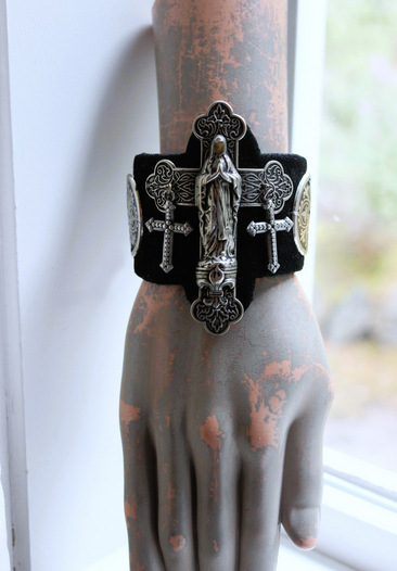 NEW! OOAK Marian Cross Cuff Bracelet with Unique Dimensional Cross,Antique Sterling Medallions,Bead Point Crosses