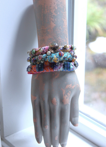 NEW! Set of 3 Antique Kantha Textile Bracelets with Faceted and Polished Gemstones,Kantha Tassel, Antique Buttons