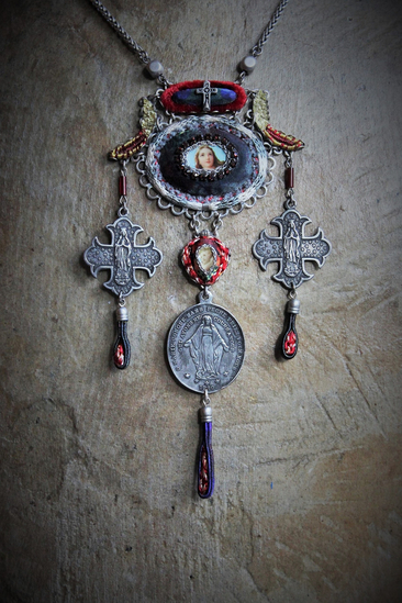 Love is our Mother Necklace w/Unique Vintage Fabric Findings,Crescent Moons,Vintage French Medals,Silver Wheat Chain