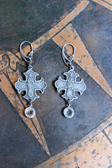 NEW! French Marian Medal Earrings with Vintage Flat Faceted Crystal Drops & Sterling Leverback Earring Wires