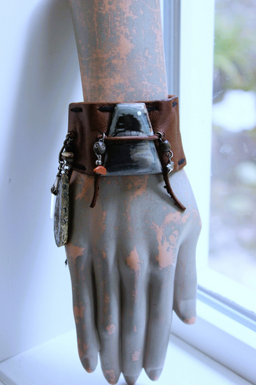 NEW! Unique Leather Cuff Bracelet with Picture Jasper,Sterling Moon, Star & Capped Clear Rock Quartz Point, Druzy Crystal & More!