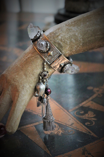 The Swords of Love Antique Gypsy Bracelet w/Crystal Rock Quartz Points,Sterling Engraved 3 Swords Tarot Medal,Faceted Rock Quartz,Antique Sterling Tassel + More!