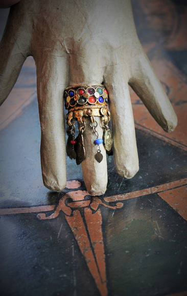 Amazing Antique Kuchi Gypsy Gold Ring w/Antique French Medals,Tiny Gypsy Bead and Heart Drops