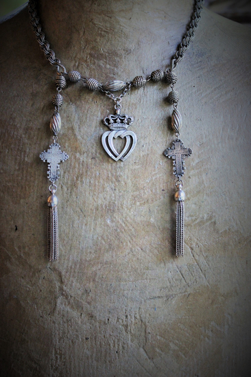 Fill my Heart with Your Love Necklace w/Antique Engraved French Crosses,Antique French Double Crowned Heart Medal, Antique Foxtail Chain Tassels