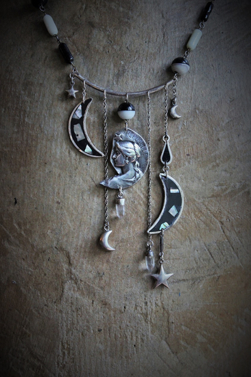  NEW! As Fine as Soul Necklace w/Antique Inlaid Crescent Moons, Antique Sterling Moons & Stars,Rare French "Crepuscule" (Twilight) Moon Medal,Antique Mardi Gras Beads