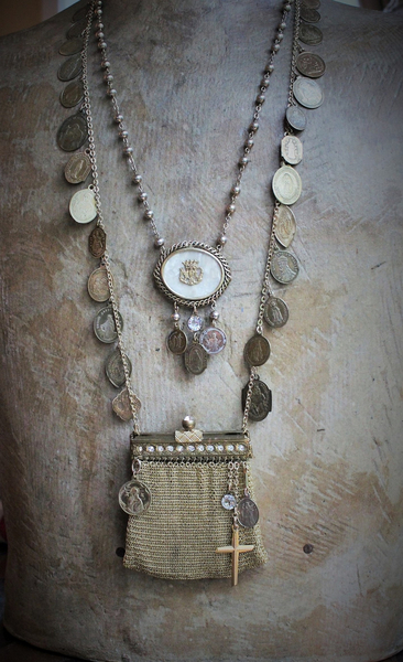 Antique French Medal Charm Necklace Set w/Antique Mesh Purse,Antique Scapular & Pocket Shrine,Antique Notre Dame Finding,Hallmarked Gold Cross & Antique Crystal Drops