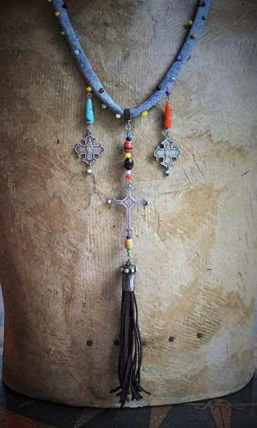 Hand Stitched Vintage Denim Necklace w/French Marian 4 Way Crosses, Antique Mardi Gras Beads, Artisan Leather Tassel, Sterling Clasp