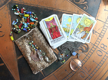 Clarity Necklace Set w/Vintage Travelling Rider Waite Tarot Deck,Antique Mardi Gras Beads,Antique Pouch,Antique Focusing Beveled Lens,Antique Paisley Drop,"Love Heals" Finding & More!