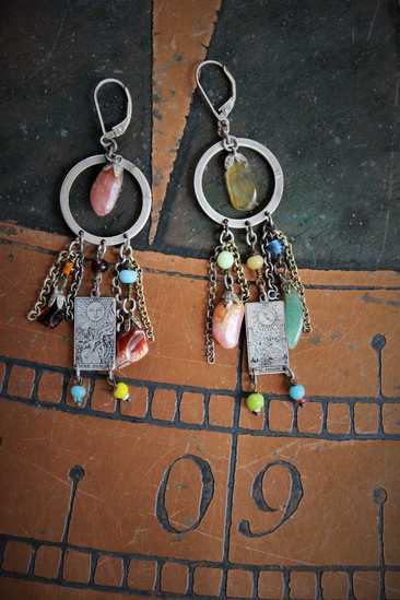 The Sun & The Moon Gypsy Earrings w/Tiny Sterling Engraved Tarot Medals,Antique Glass Mardi Gras Beads,Vintage Sterling & Gold Chain Fragments,Polished Capped Agate Drops