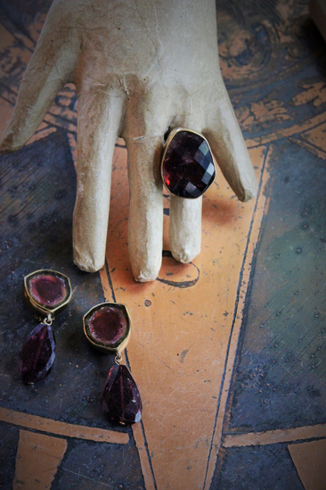 "One of Kind" Numbered & Signed Stephen Dweck Sterling Vermeil Watermelon Tourmaline & Tourmaline Ring and Earring Set