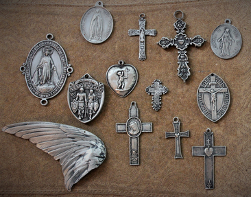 Collection of 13 Unique Crosses, Medals & Cast Bird Wing  - Set of 13 Old Casts for your own Jewelry Creations!