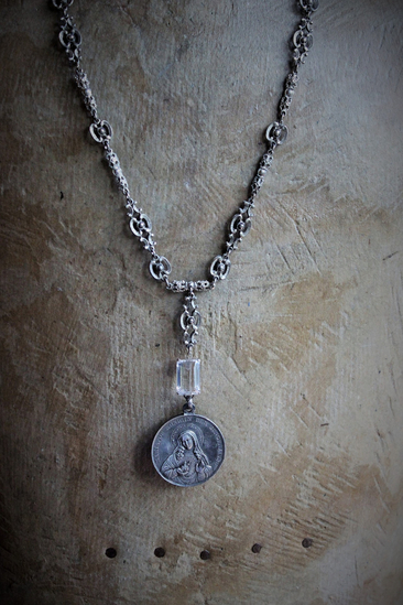 Queen of the Virgins Necklace w/Antique German Marian Medal, Antique Etruscan Chain, Antique Faceted Rock Crystal Connector