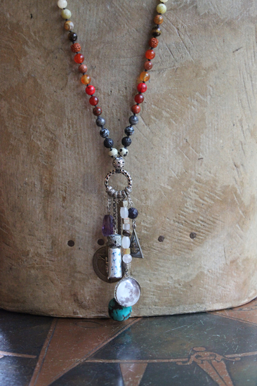 Healer of all Beings Necklace w/Hand Knotted Gemstone Mala, Antique Sterling Crucifix Medal,Antique Buddha Sanskrit Medal,Aramaic Prayer Glass Vessel,Faceted Amethyst,Turquoise Nugget