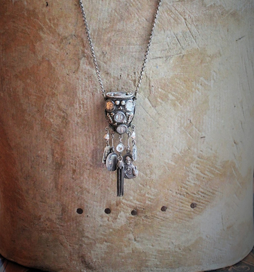 Unique Antique Silver Prayer Box Necklace w/Inset Antique Medals,Hanging Antique French Medals, Sterling Chain Tassel,Sterling Puffy Heart Connectors,Antique Bezel Set Crystal