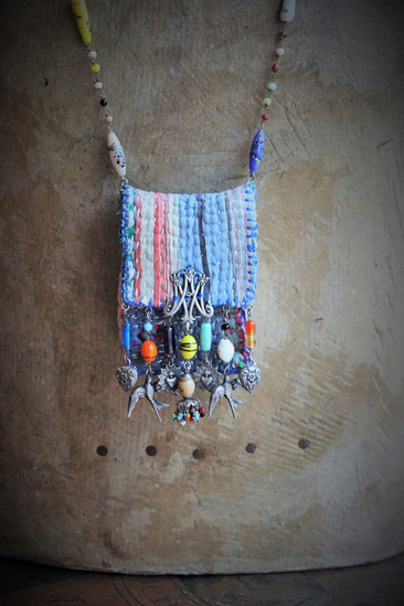 NEW! Antique Kantha Handstitched Pounch Pendant w/Miniature Bound The Prophet Book,Antique Art Deco Mardis Gras Beads & Chains,French Medals & Sparrows