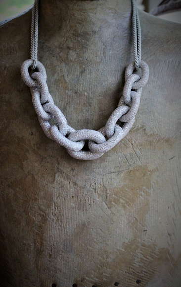 Amazing Vintage Sterling White Topaz Link Chain Necklace w/Silver Metallic Cord Chain,Sterling End Caps,Sterling & Pearl Toggle Closure