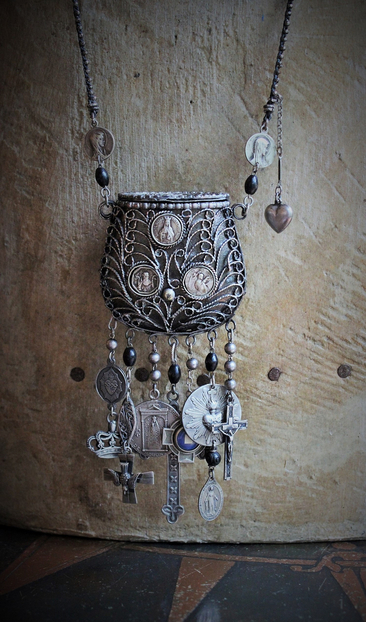 Antique Prayer Box Pendant Necklace w/Inset Antique French Medals,Antique Relic Medal,Antique Sterling Peace Dove & 4 Way Cross,Rare Antique French Sterling Our Lady of Moulins Medal & Much More!