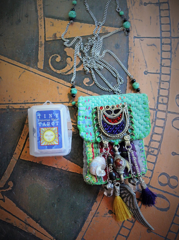 Antique Kantha Hand Stitched Pouch Pendant Necklace w/Tiny Tarot Card Full Deck, Antique Kuchi Gypsy Findings,Vintage Silver Angel Wing,Silver Capped Quartz Points & More!