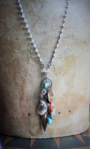 The 4 Elements Amulet Necklace w/Hand Crocheted Rock Crystal Bead Chain, Ancient Shell Fossils,Antique Sterling Inlay Crescent Moon,Rare Faceted Turquoise Nugget,Sterling 4 Way Cross & More!
