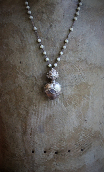 Price Reduced! RARE Antique French Sterling Flaming Sacred Heart Ex Voto Necklace w/Antique French Sterling Mother of Pearl Rosary Chain