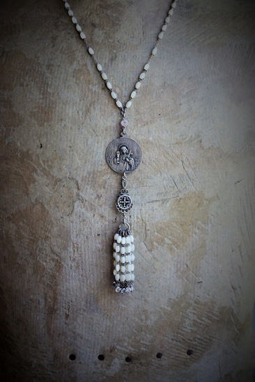 RARE Engraved Antique 1901 French Communion Medal Necklace w/Antique Sterling French Mother of Pearl Rosary Chain,Antique French Mother of Pearl Bead Tassel & Antique Faceted Rock Crystal Drops