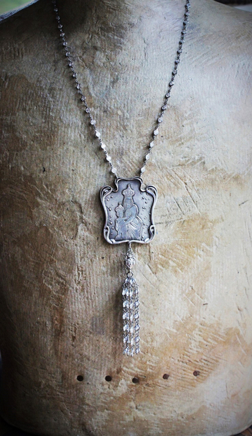 Breathe for Us  Necklace w/One of A Kind Antique French Engraved Mother Mary & Child Wicker Pendant, Sterling & Faceted Crystal Chain, Rare Antique French Sterling Sacred Heart Rosary Connector